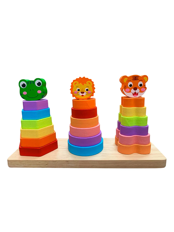 Juguete de Encastre y Apilado de Madera - Animales (Tigre, Rana, León) 2