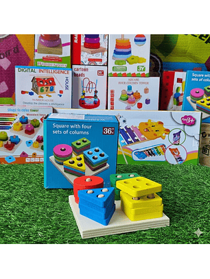 Juguete de Encastre de Madera - Cuatro Columnas y Figuras Geométricas.