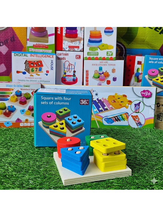 Juguete de Encastre de Madera - Cuatro Columnas y Figuras Geométricas. 1