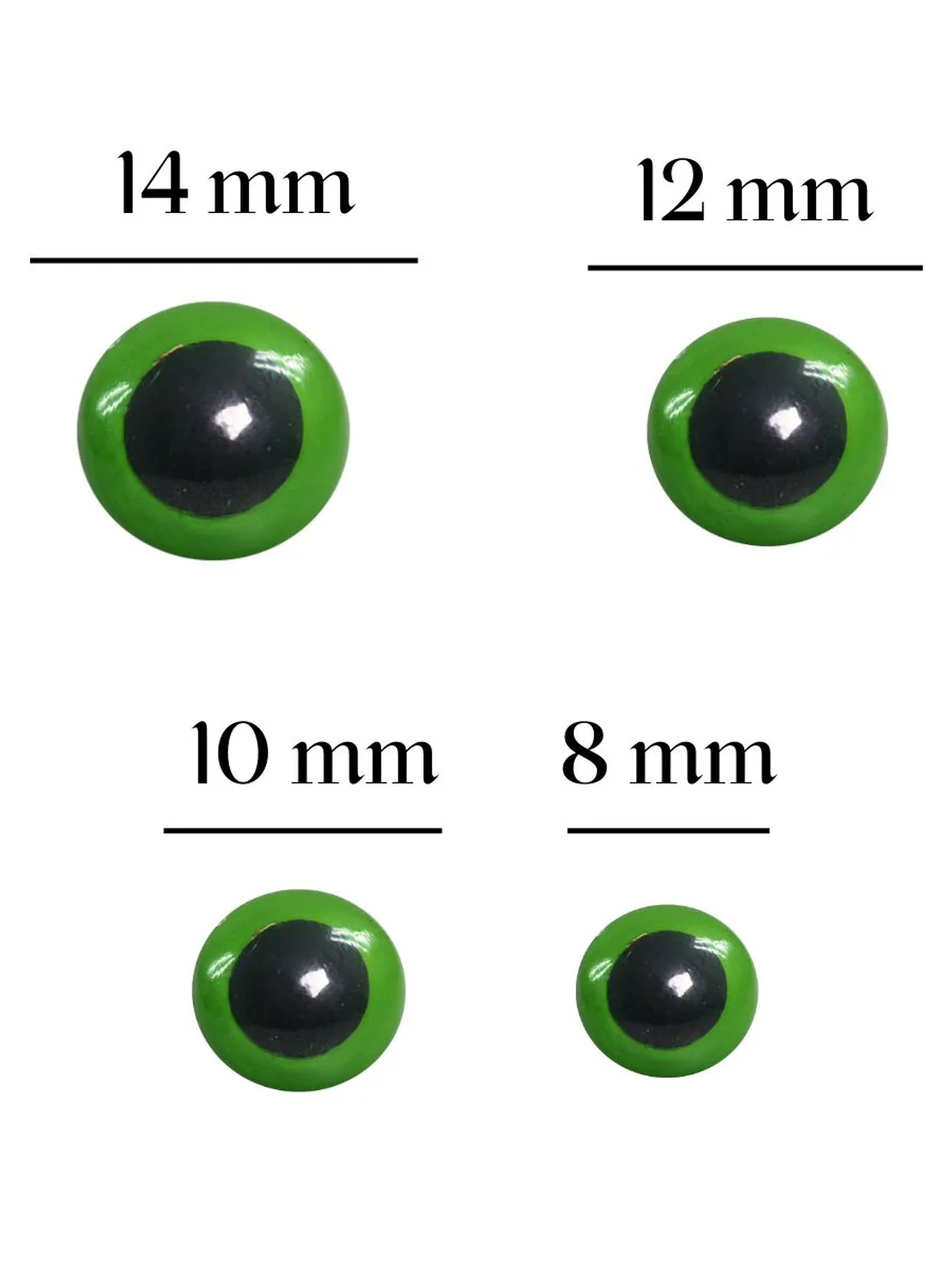 Olhos verdes + travas de segurança 14mm (embalagem)   1