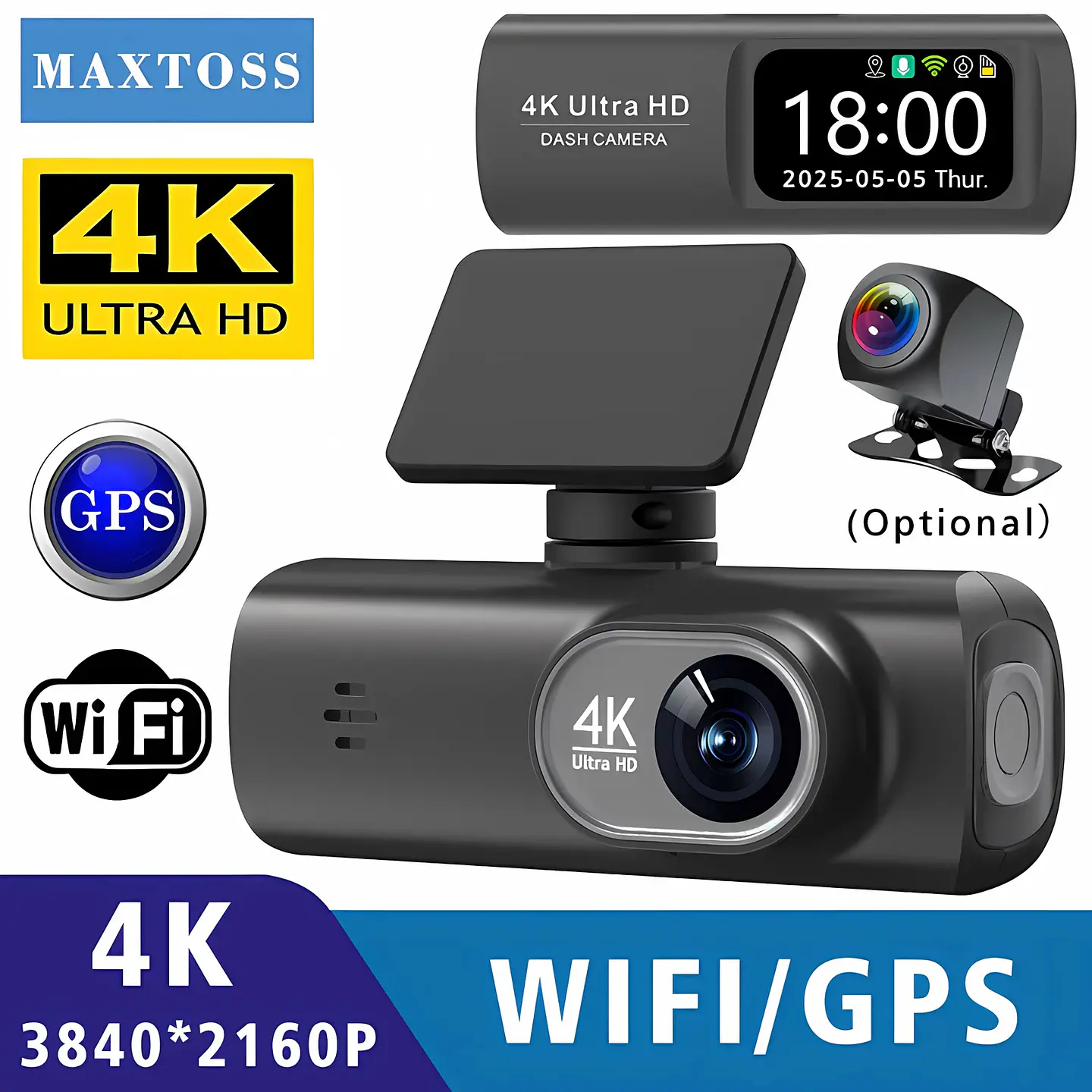 Cámara Dash Cam 4K Wifi para Auto con Cámara Trasera, Visión Nocturna y Monitor de Estacionamiento. 1