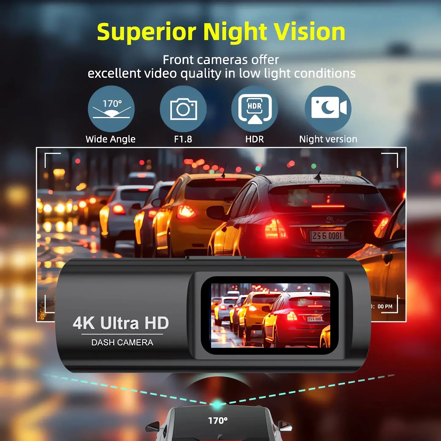Cámara Dash Cam 4K Wifi para Auto con Cámara Trasera, Visión Nocturna y Monitor de Estacionamiento. 2