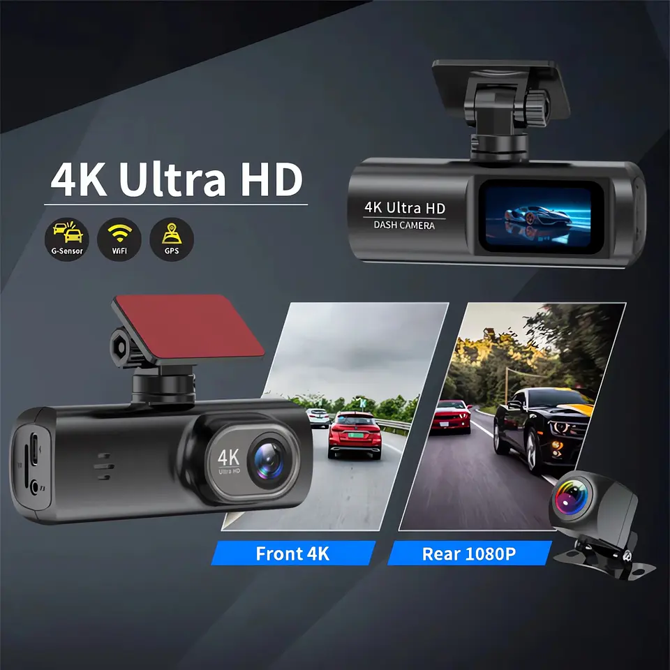 Cámara Dash Cam 4K Wifi para Auto con Cámara Trasera, Visión Nocturna y Monitor de Estacionamiento. 3