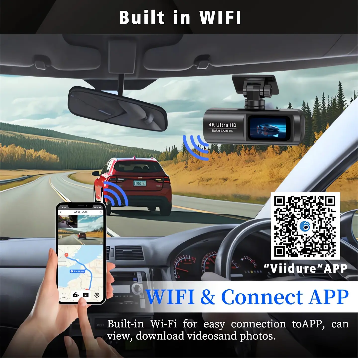 Cámara Dash Cam 4K Wifi para Auto con Cámara Trasera, Visión Nocturna y Monitor de Estacionamiento. 6