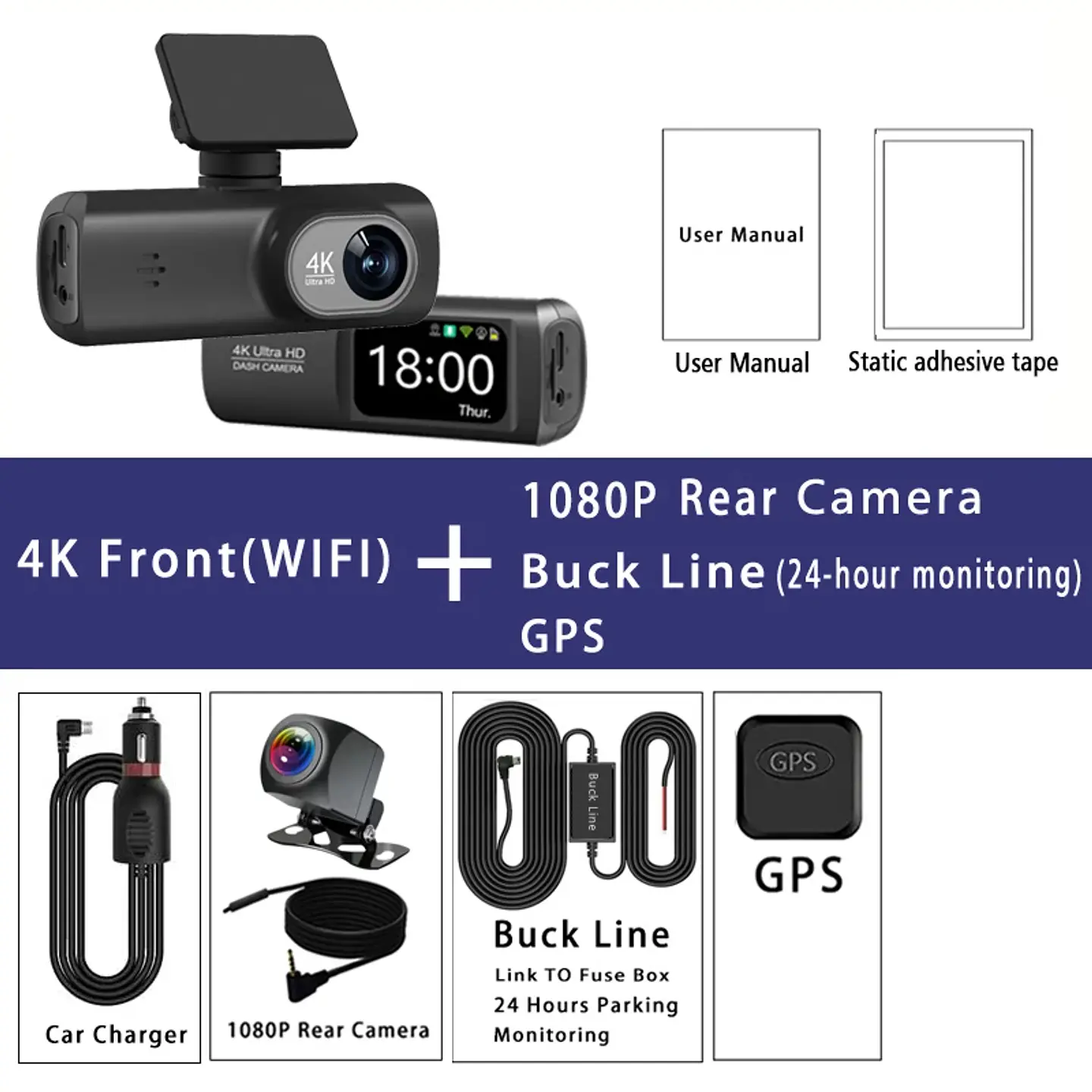 Cámara Dash Cam 4K Wifi para Auto con Cámara Trasera, Visión Nocturna y Monitor de Estacionamiento. 7