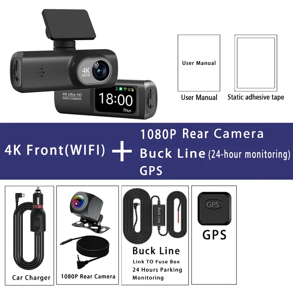 Cámara Dash Cam 4K Wifi para Auto con Cámara Trasera, Visión Nocturna y Monitor de Estacionamiento. 7