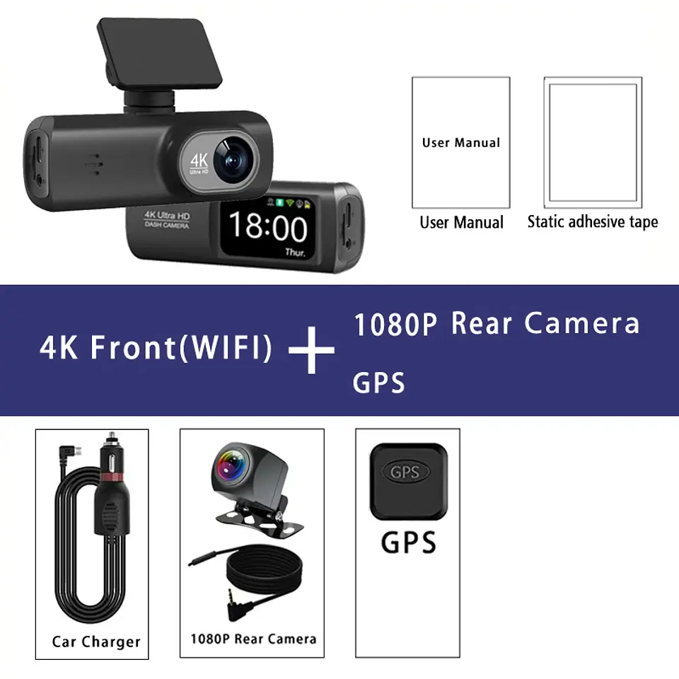 Cámara Dash Cam 4K Wifi para Auto con Cámara Trasera, Visión Nocturna y Monitor de Estacionamiento. 8