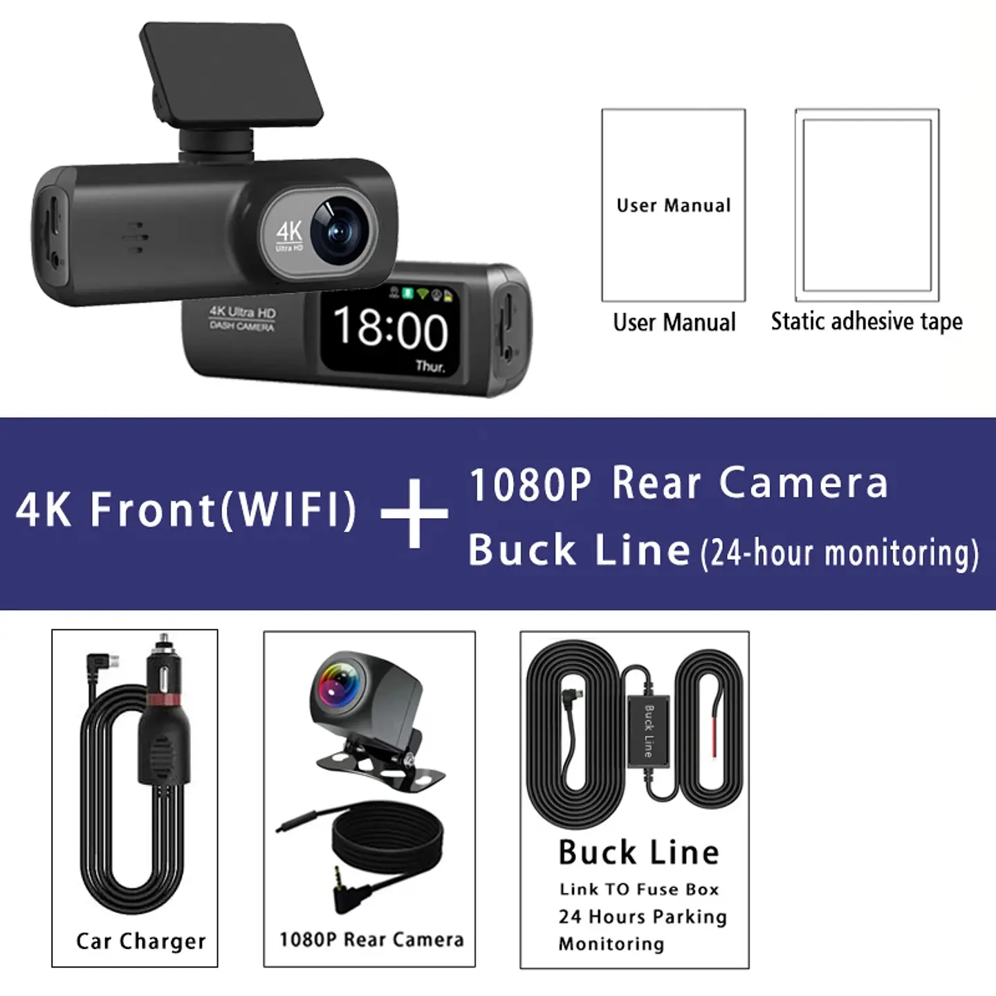Cámara Dash Cam 4K Wifi para Auto con Cámara Trasera, Visión Nocturna y Monitor de Estacionamiento. 9