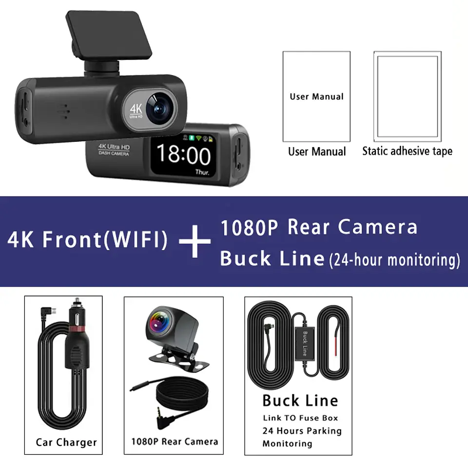 Cámara Dash Cam 4K Wifi para Auto con Cámara Trasera, Visión Nocturna y Monitor de Estacionamiento. 9