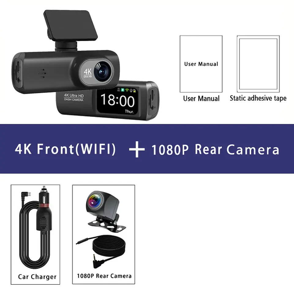 Cámara Dash Cam 4K Wifi para Auto con Cámara Trasera, Visión Nocturna y Monitor de Estacionamiento. 10