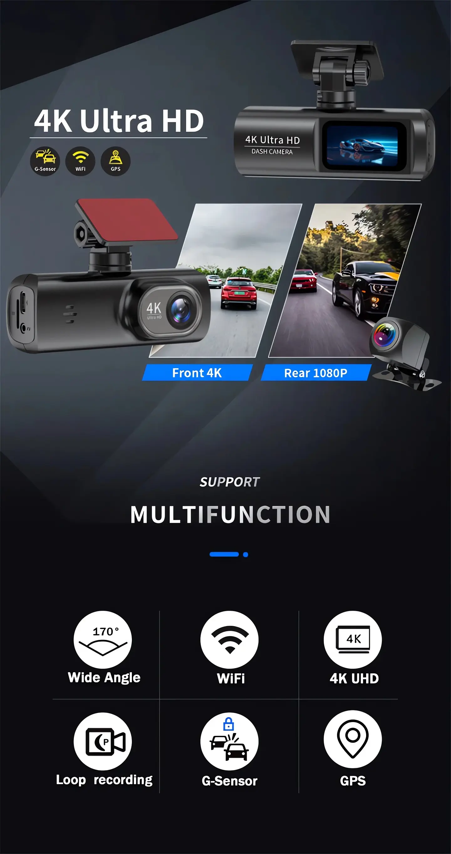 Cámara Dash Cam 4K Wifi para Auto con Cámara Trasera, Visión Nocturna y Monitor de Estacionamiento. 12