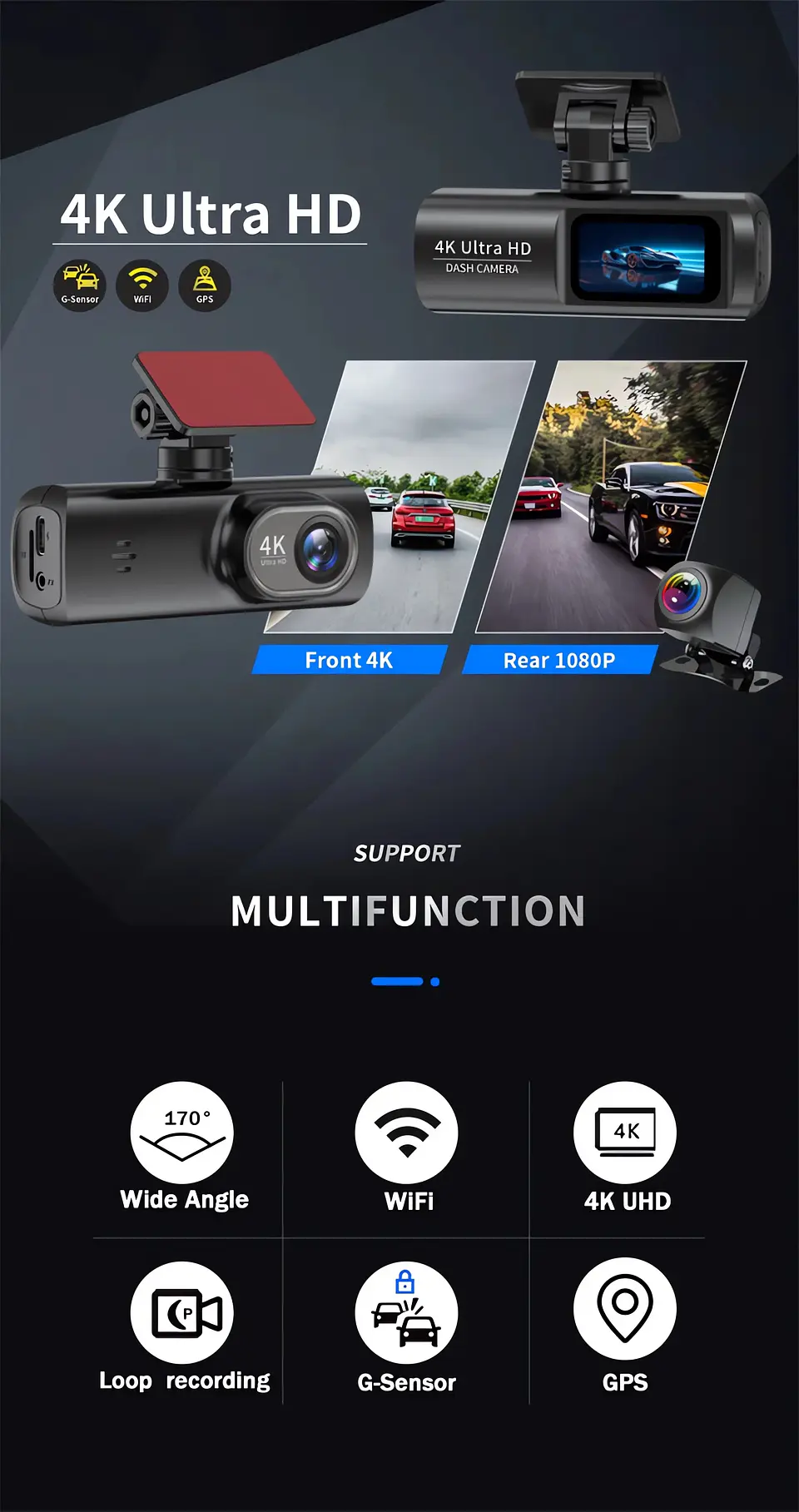 Cámara Dash Cam 4K Wifi para Auto con Cámara Trasera, Visión Nocturna y Monitor de Estacionamiento. 12