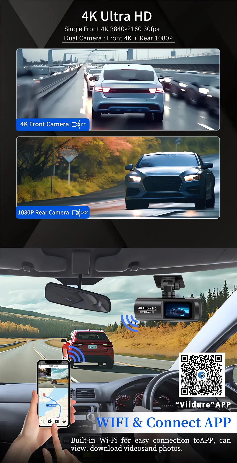 Cámara Dash Cam 4K Wifi para Auto con Cámara Trasera, Visión Nocturna y Monitor de Estacionamiento. 13