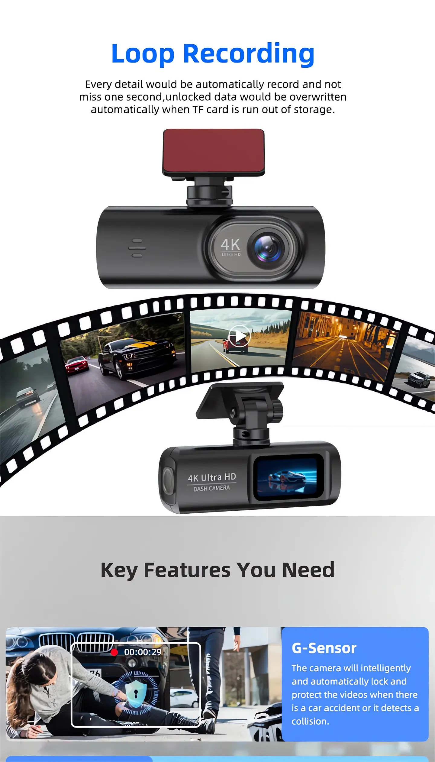Cámara Dash Cam 4K Wifi para Auto con Cámara Trasera, Visión Nocturna y Monitor de Estacionamiento. 17