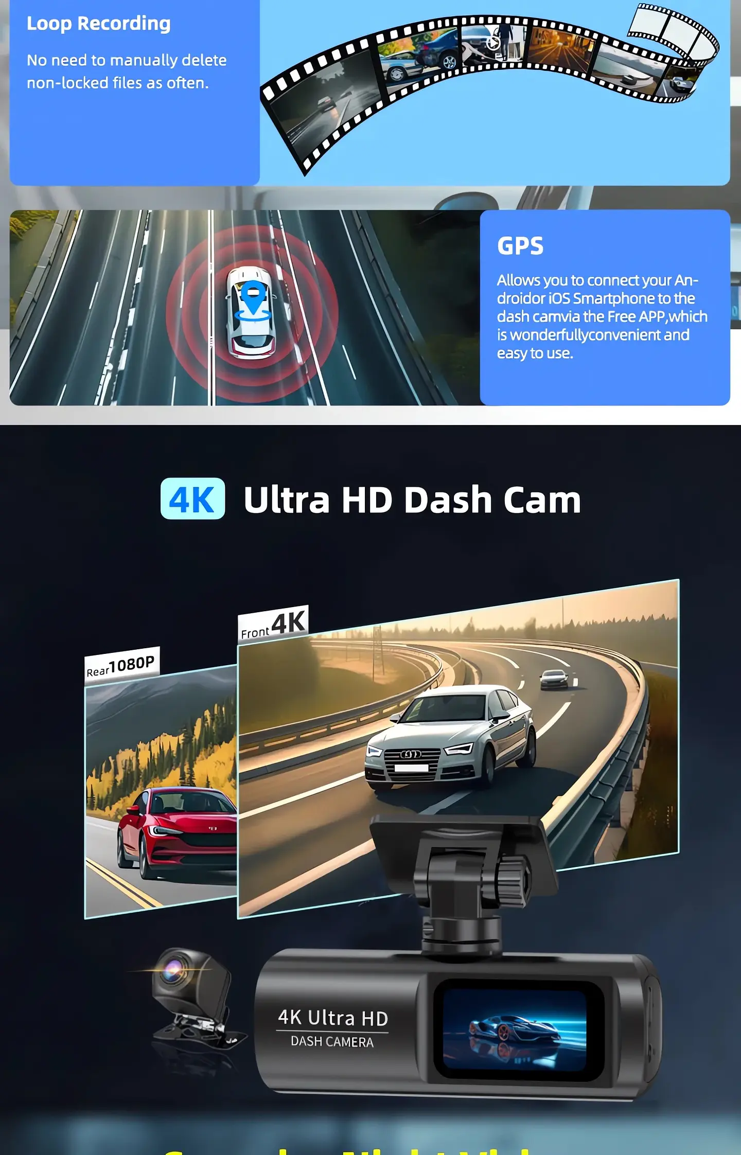 Cámara Dash Cam 4K Wifi para Auto con Cámara Trasera, Visión Nocturna y Monitor de Estacionamiento. 19