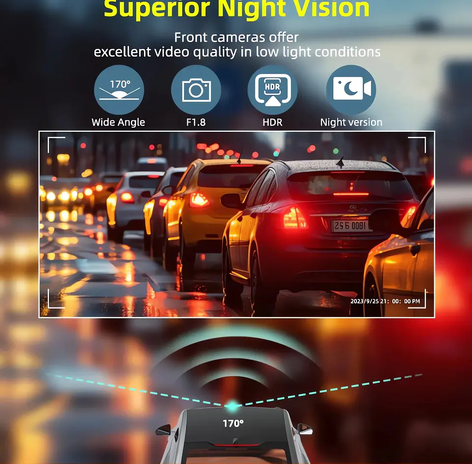 Cámara Dash Cam 4K Wifi para Auto con Cámara Trasera, Visión Nocturna y Monitor de Estacionamiento. 20