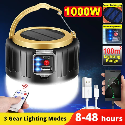 Linterna LED Recargable Solar para Camping - 3 Modos de Iluminación.
