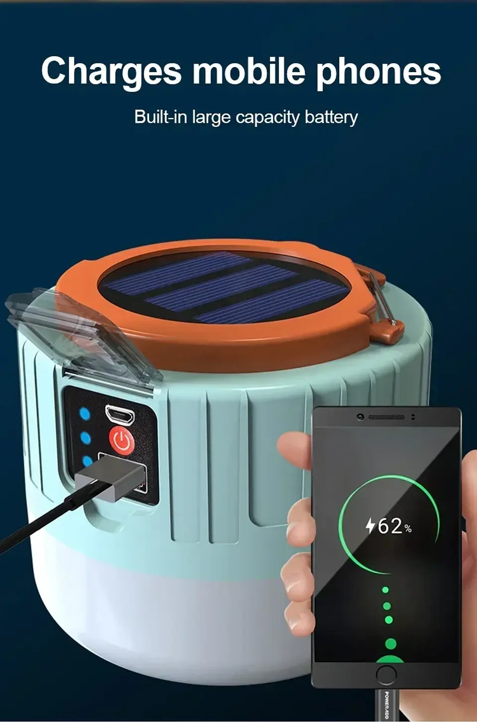 Linterna LED Recargable Solar para Camping - 3 Modos de Iluminación. 5
