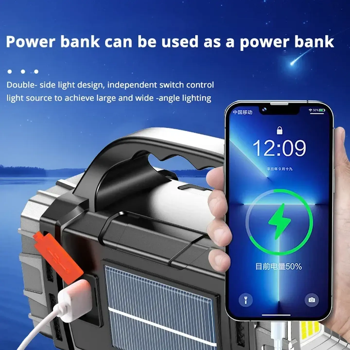 Linterna LED Solar Recargable Multifuncional para Camping con Power Bank 14