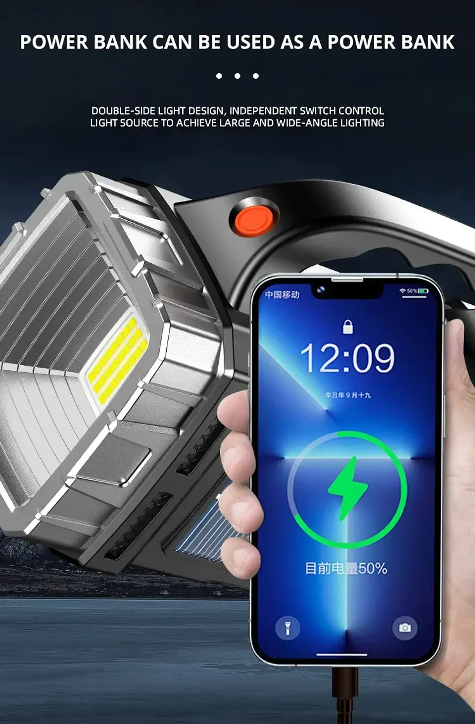 Linterna LED Solar Recargable Multifuncional para Camping con Power Bank 23