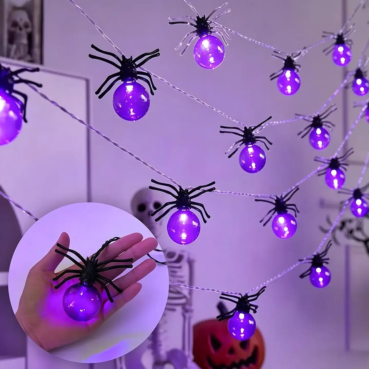 Guirnalda Halloween 10 Arañas LED – 1,5 m a Pilas 3