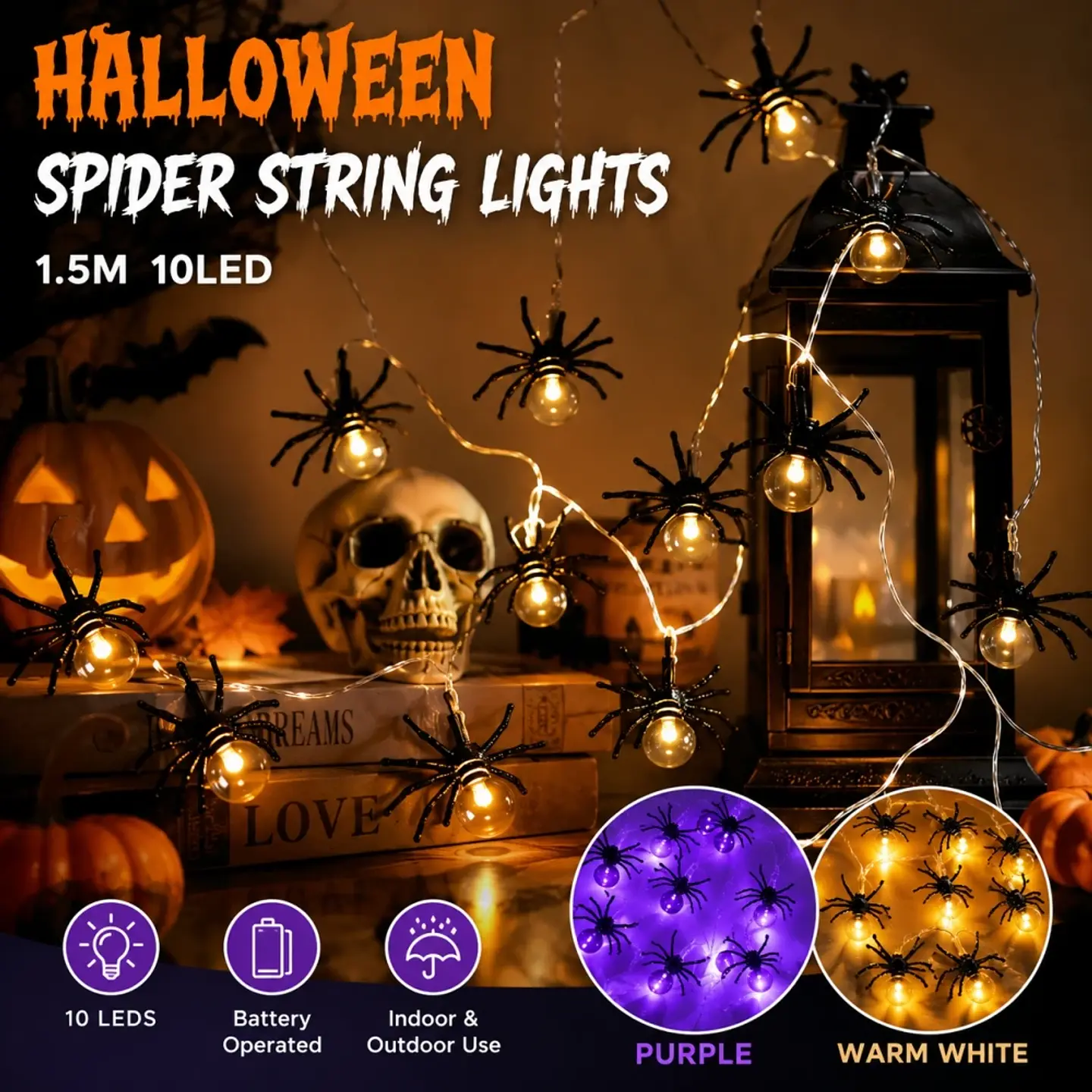 Guirnalda Halloween 10 Arañas LED – 1,5 m a Pilas 6