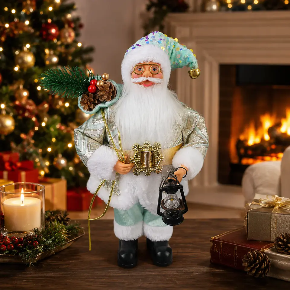 Papá Noel Decorativo Azul de 30 cm con Farol LED – Adorno Navideño para el Hogar 1