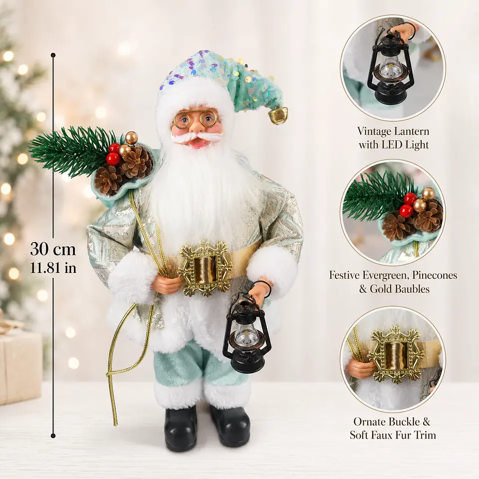 Papá Noel Decorativo Azul de 30 cm con Farol LED – Adorno Navideño para el Hogar 6