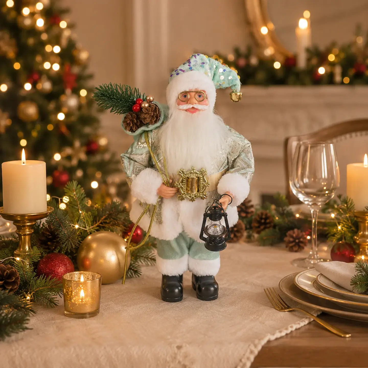 Papá Noel Decorativo Azul de 30 cm con Farol LED – Adorno Navideño para el Hogar 3
