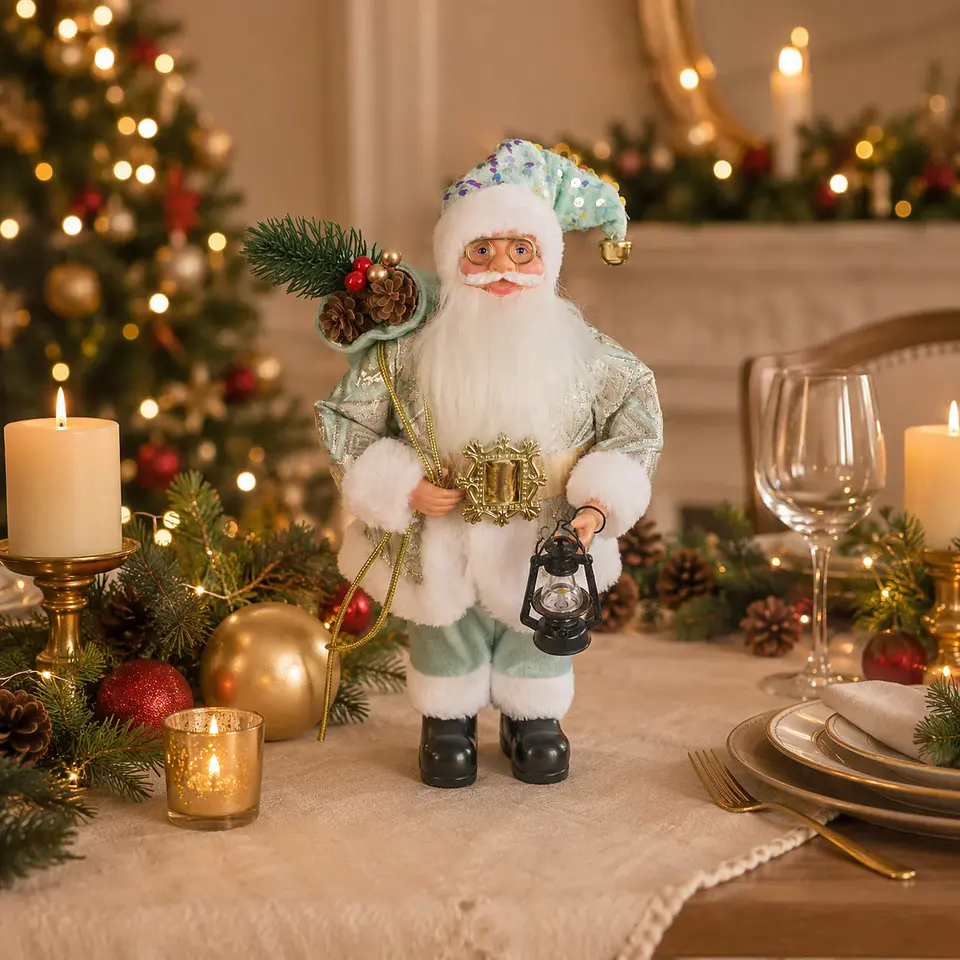 Papá Noel Decorativo Azul de 30 cm con Farol LED – Adorno Navideño para el Hogar 3