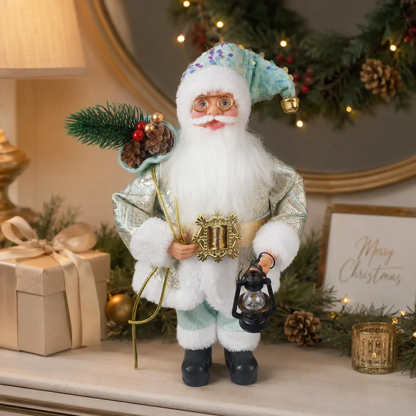 Papá Noel Decorativo Azul de 30 cm con Farol LED – Adorno Navideño para el Hogar 4