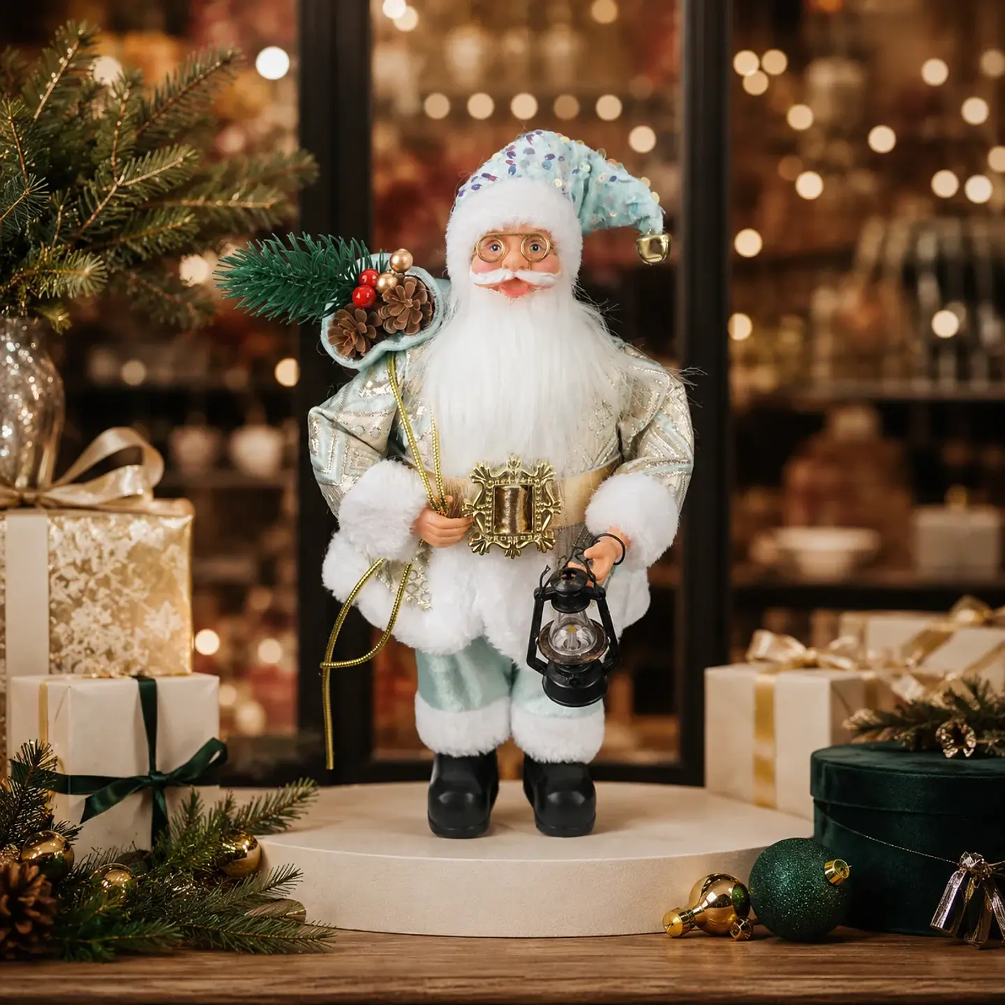 Papá Noel Decorativo Azul de 30 cm con Farol LED – Adorno Navideño para el Hogar 5