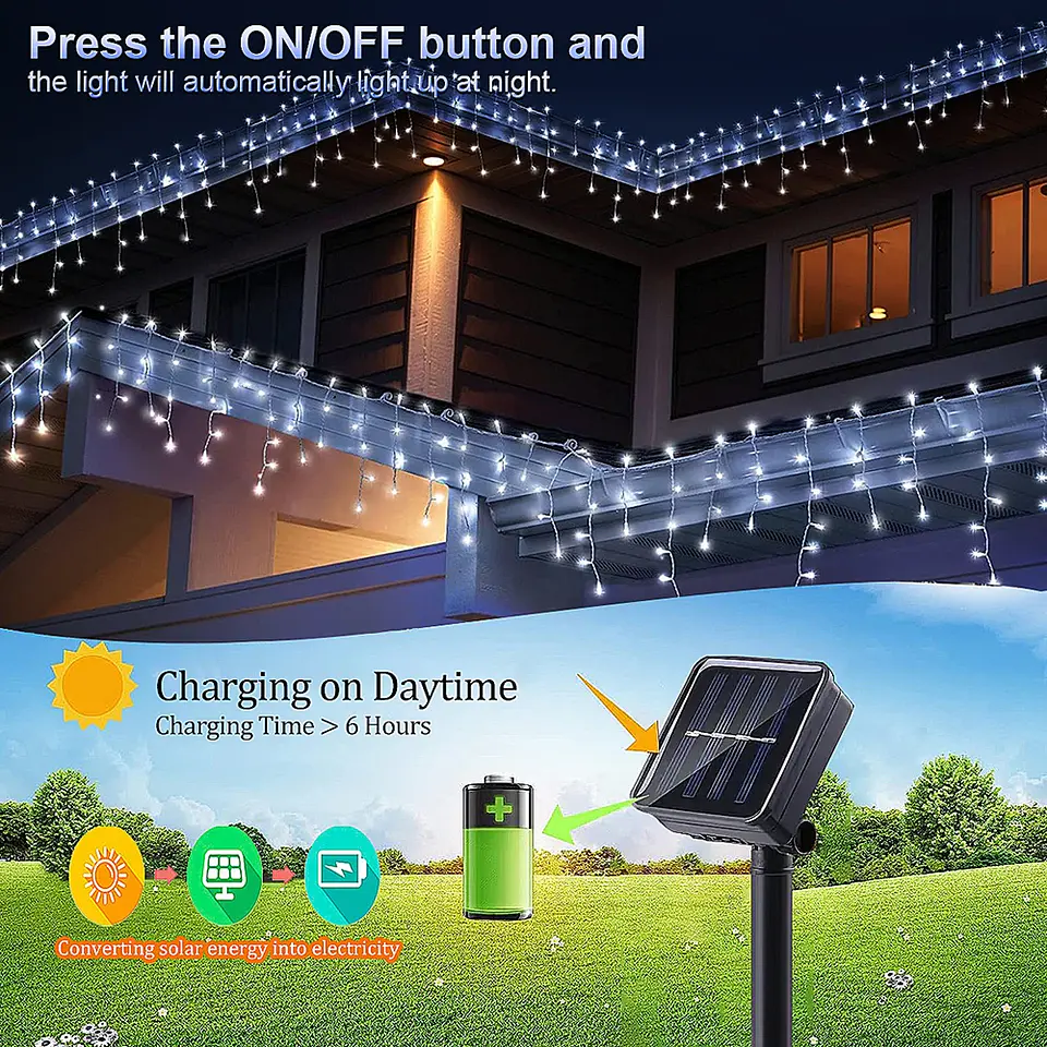 Luces Solares LED Tipo Carámbano para Exterior – 8 Modos de Iluminación Navideña 4