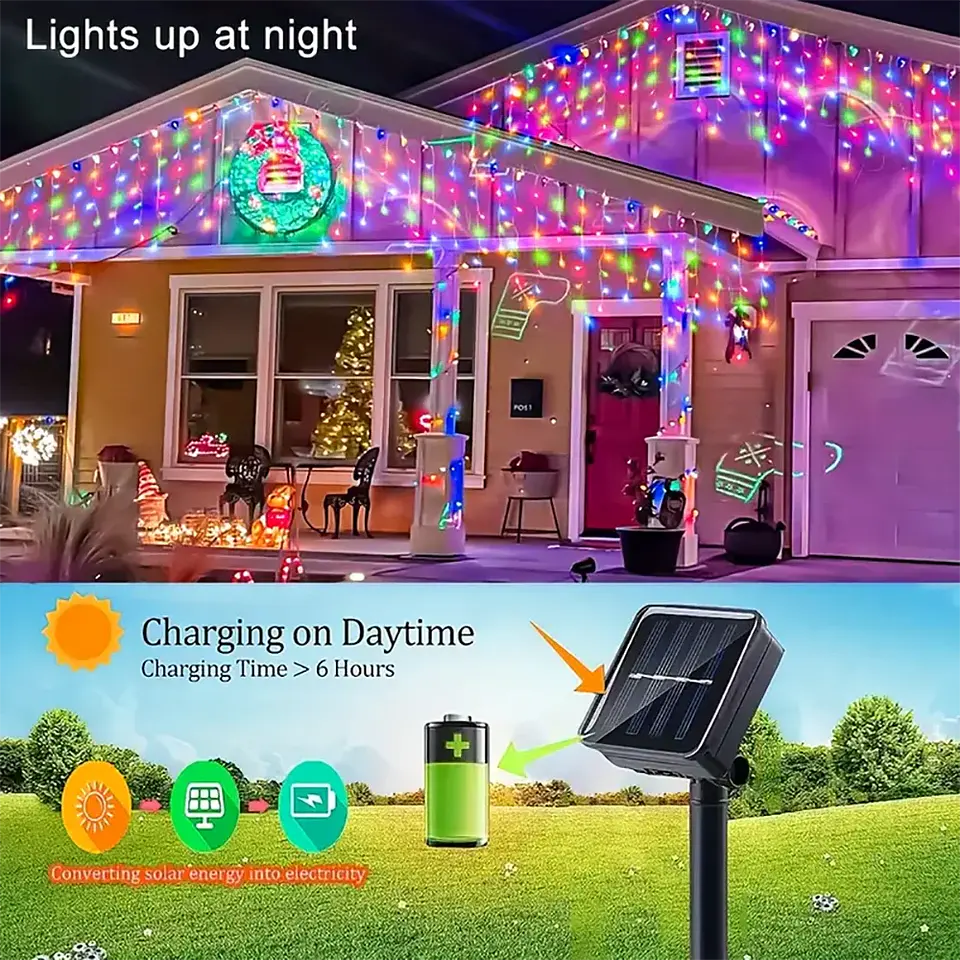 Luces Solares LED Tipo Carámbano para Exterior – 96/162 LED con 8 Modos 3
