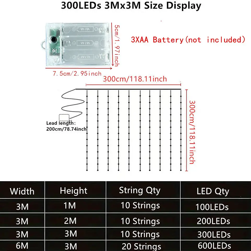 Cortina de Luces LED Navideñas a Pilas – 8 Modos, Hasta 6 × 3 m y 600 LED 6