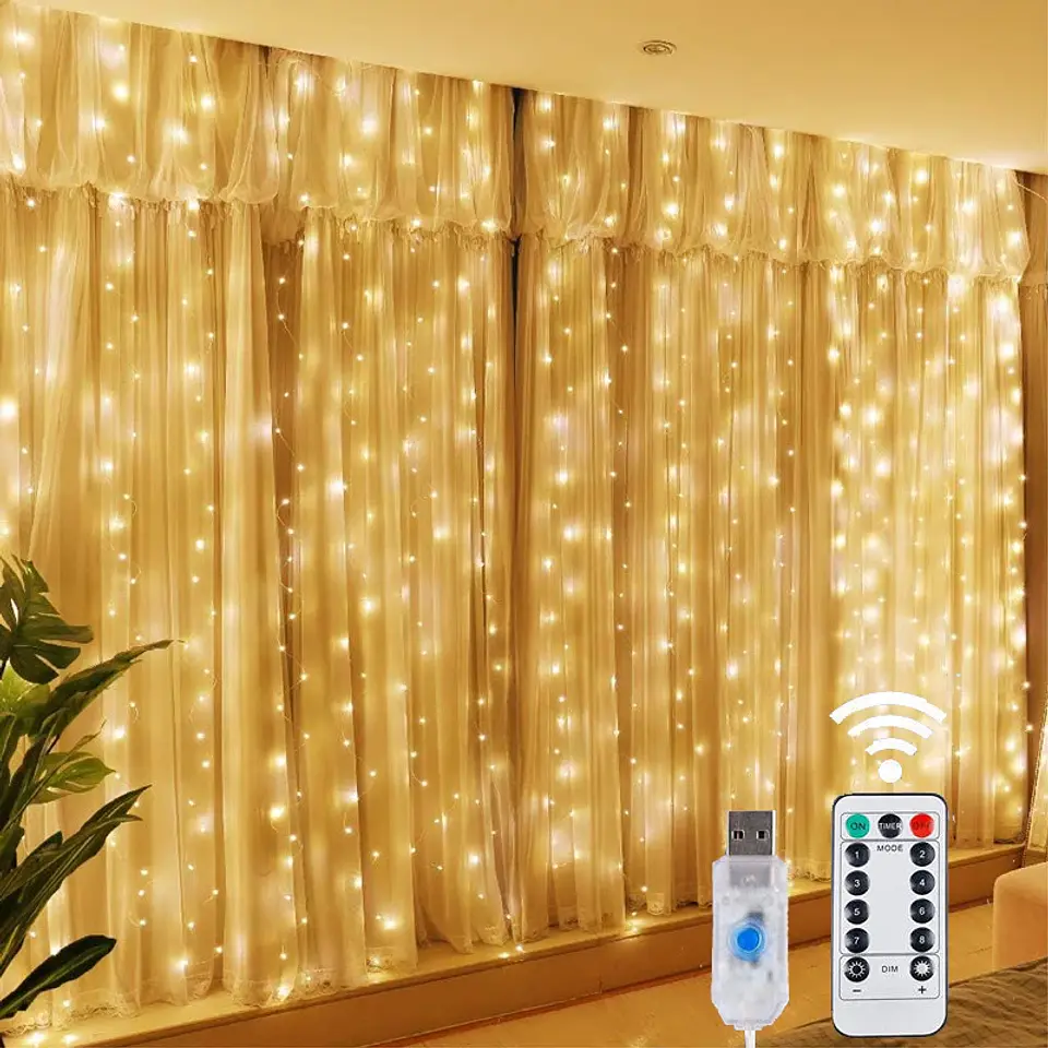 Cortina de Luces LED USB con Control Remoto – 8 Modos, Hasta 3 × 3 m y 300 LED 1