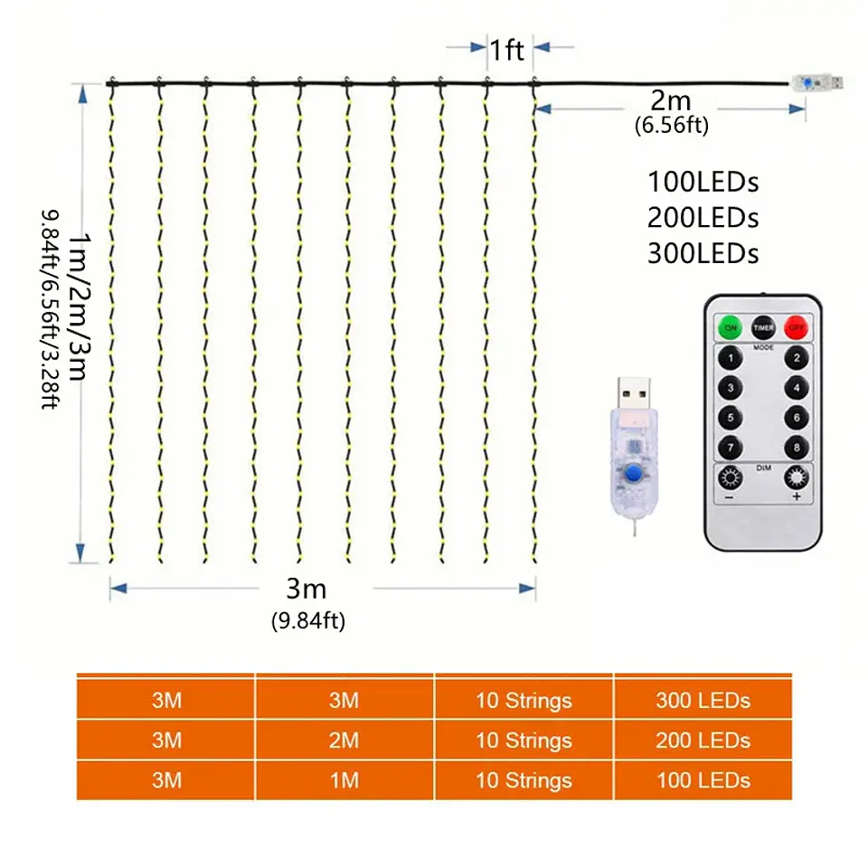Cortina de Luces LED USB con Control Remoto – 8 Modos, Hasta 3 × 3 m y 300 LED 10