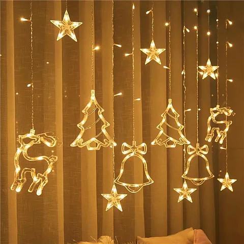 Cortina Navideña LED con Figuras Colgantes – Estrellas, Árboles y Renos para Ventanas y Hogar