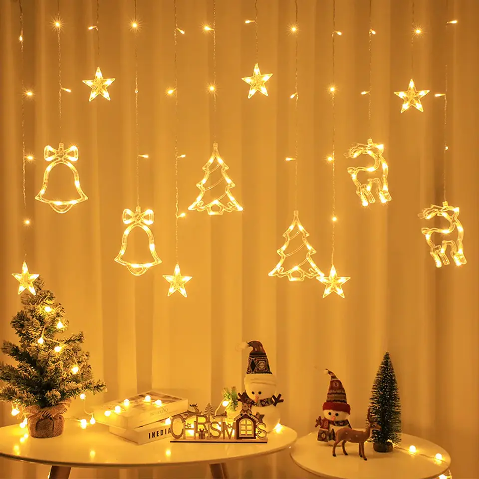 Cortina Navideña LED con Figuras Colgantes – Estrellas, Árboles y Renos para Ventanas y Hogar 3