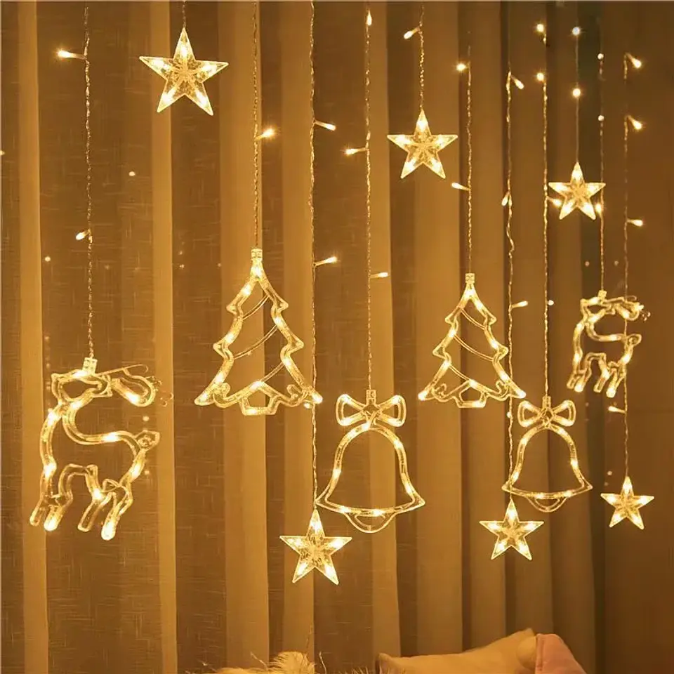 Cortina Navideña LED con Figuras Colgantes – Estrellas, Árboles y Renos para Ventanas y Hogar 7