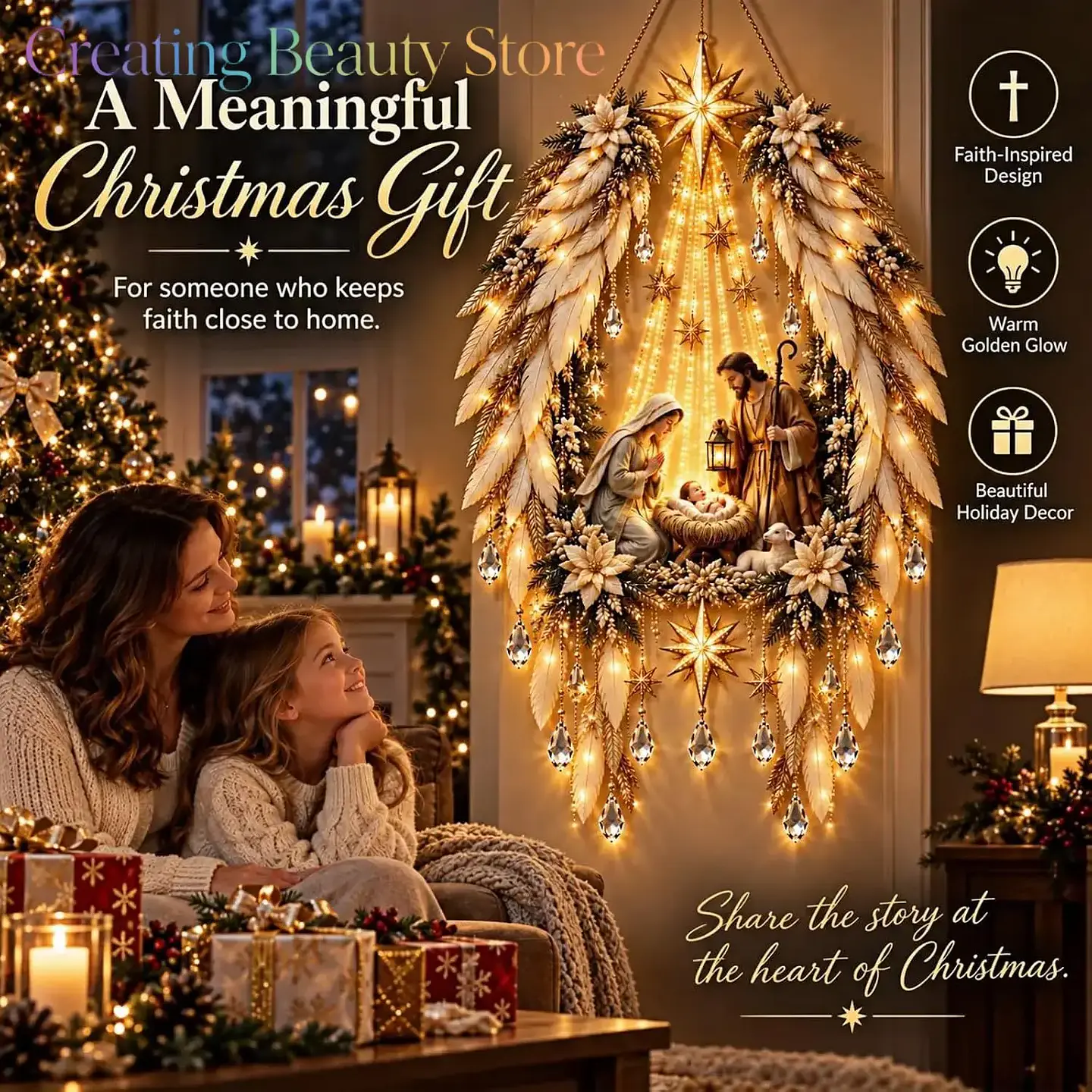 Nacimiento Navideño Iluminado con Alas de Ángel – Decoración Mural 1