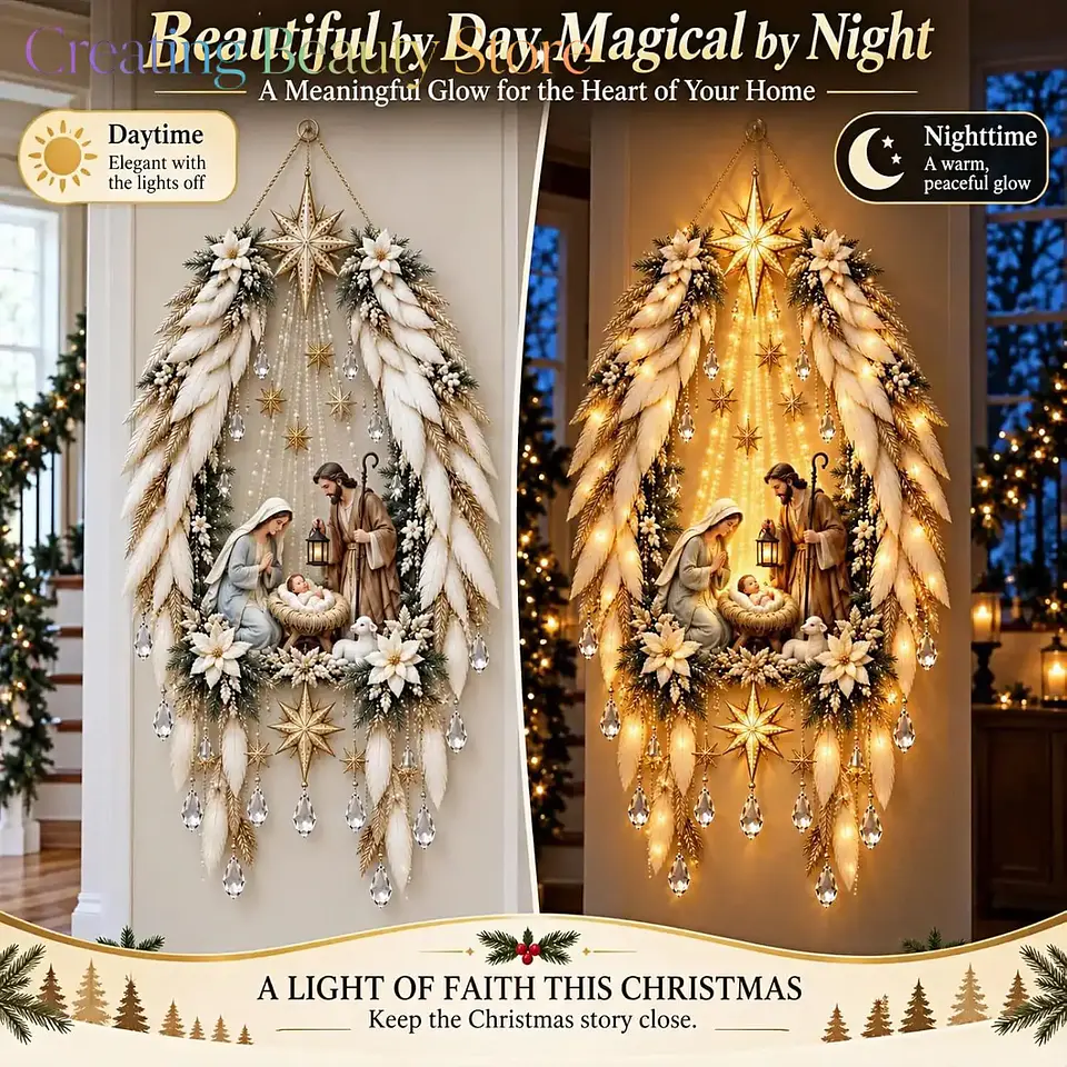 Nacimiento Navideño Iluminado con Alas de Ángel – Decoración Mural 3