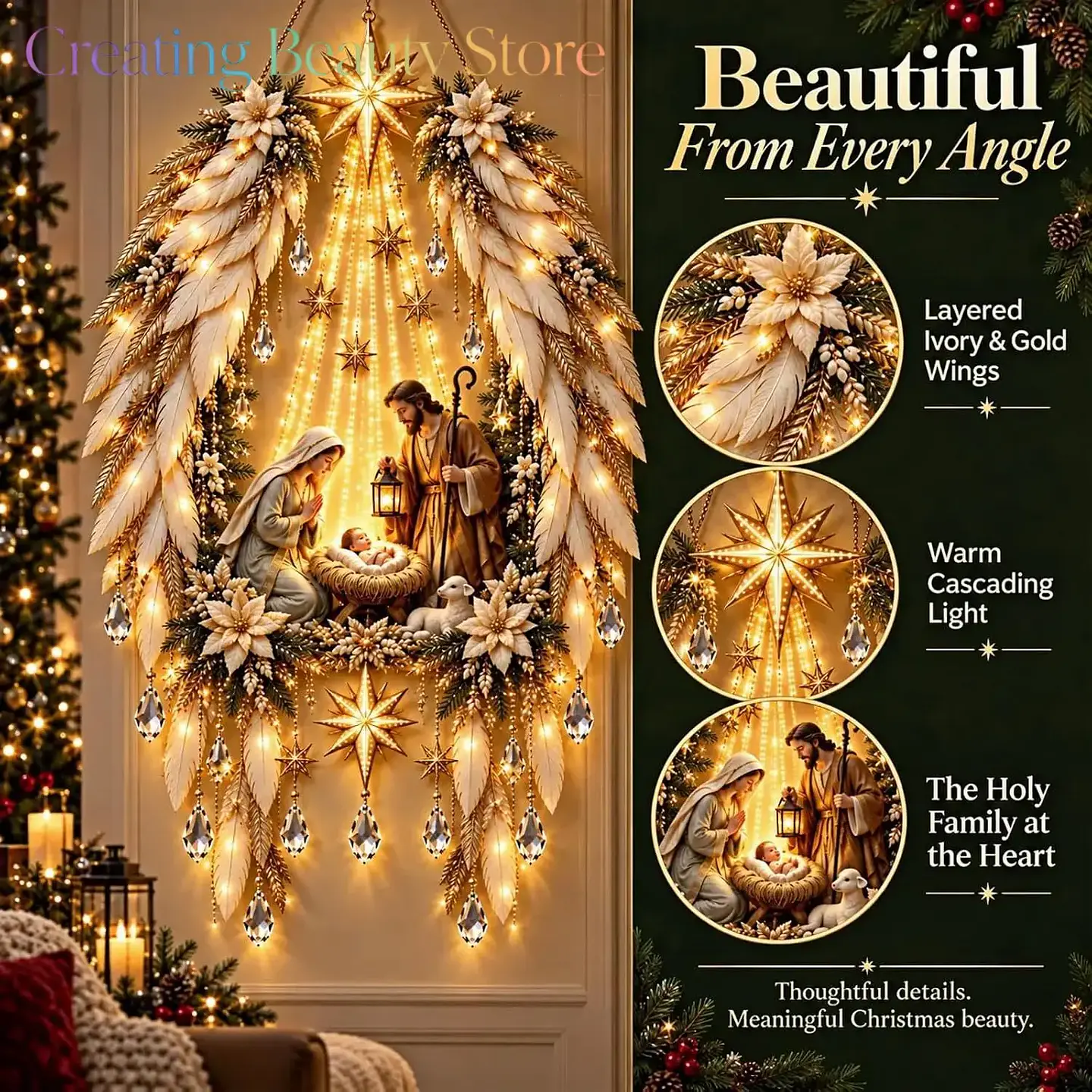 Nacimiento Navideño Iluminado con Alas de Ángel – Decoración Mural 4