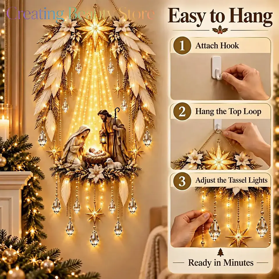 Nacimiento Navideño Iluminado con Alas de Ángel – Decoración Mural 5