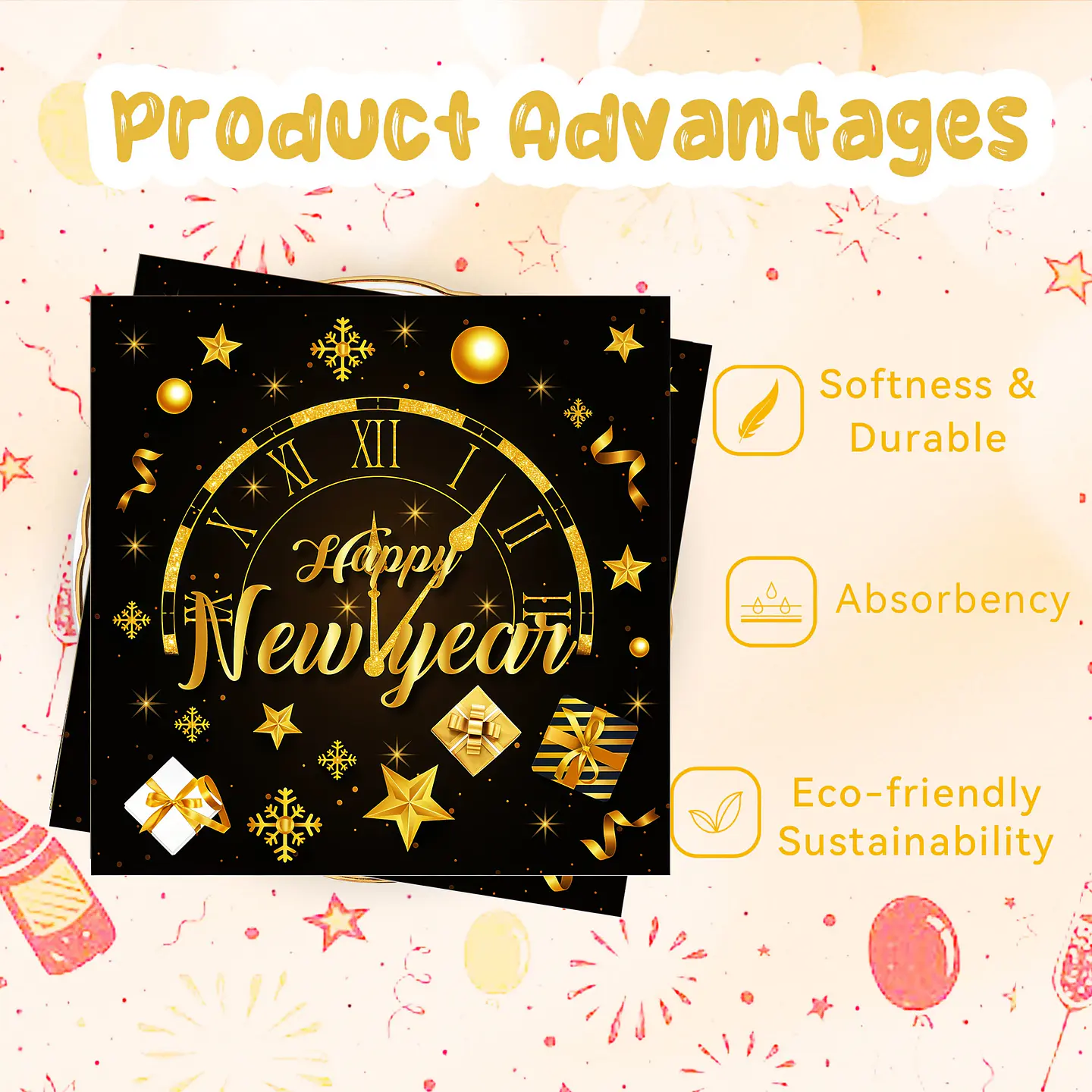 Servilletas Premium Año Nuevo Negro y Dorado – Decoración Elegante para Fiesta 3
