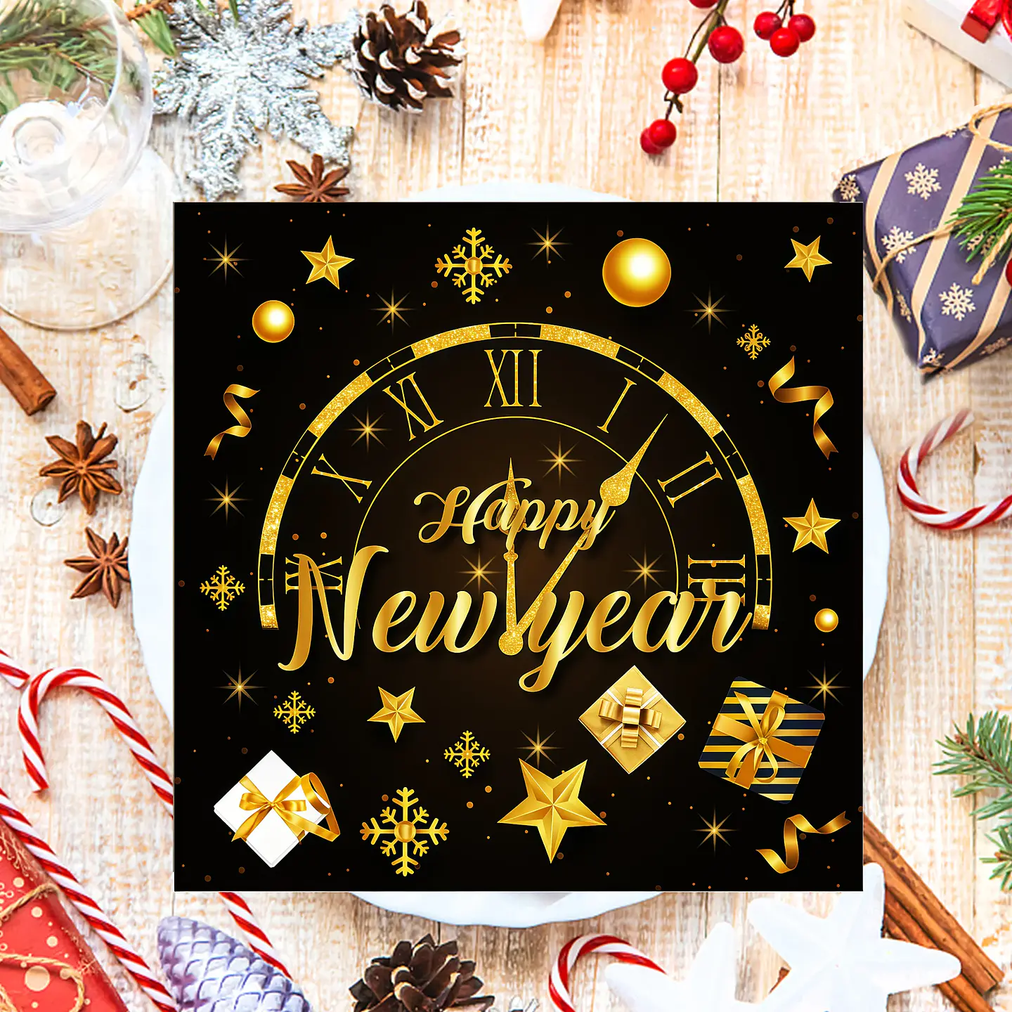 Servilletas Premium Año Nuevo Negro y Dorado – Decoración Elegante para Fiesta 4