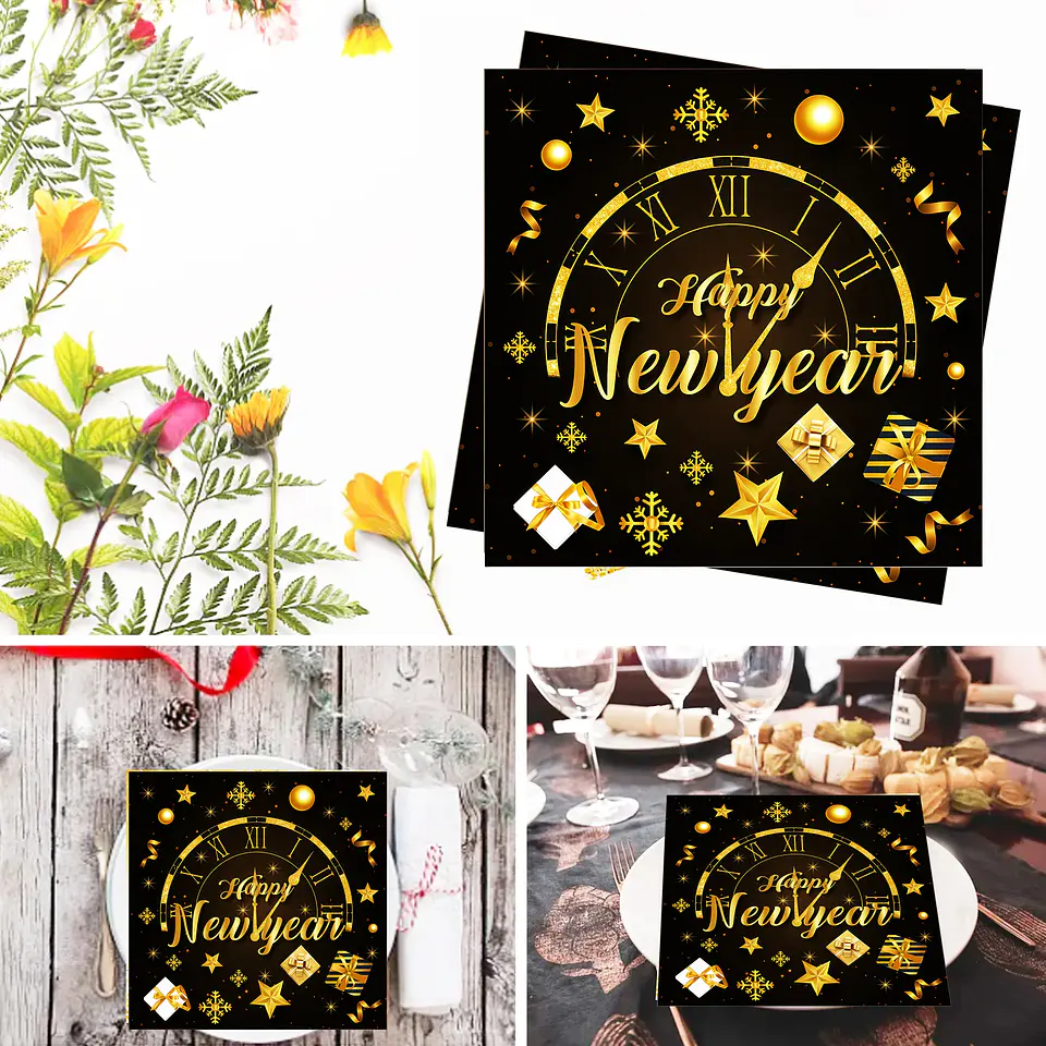 Servilletas Premium Año Nuevo Negro y Dorado – Decoración Elegante para Fiesta 5