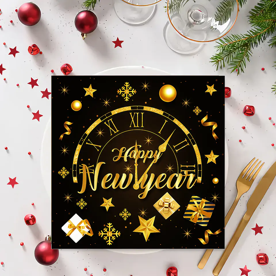 Servilletas Premium Año Nuevo Negro y Dorado – Decoración Elegante para Fiesta 6