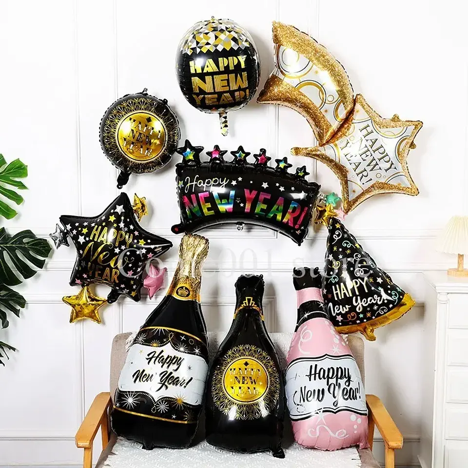 Globos Decorativos Año Nuevo Dorado y Negro – Estrellas, Botellas y Diseños de Fiesta 3