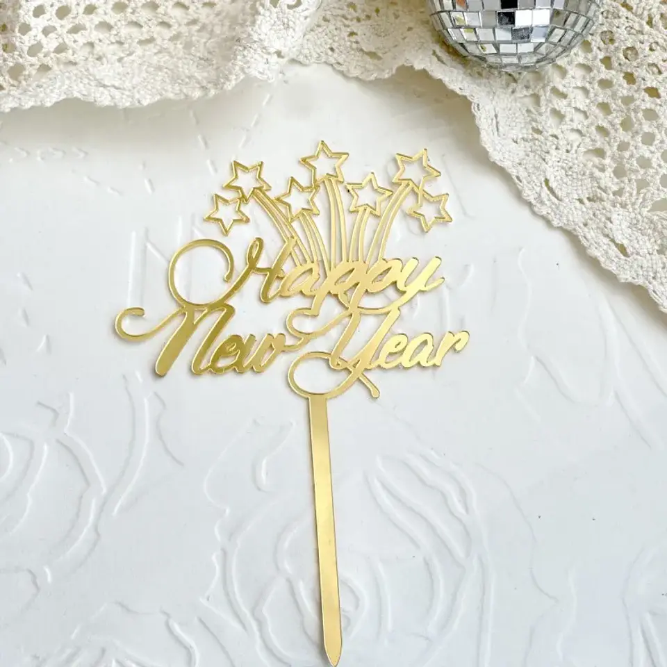 Adorno para Torta Feliz Año Nuevo 2027 – Topper Acrílico Dorado para Celebraciones 5